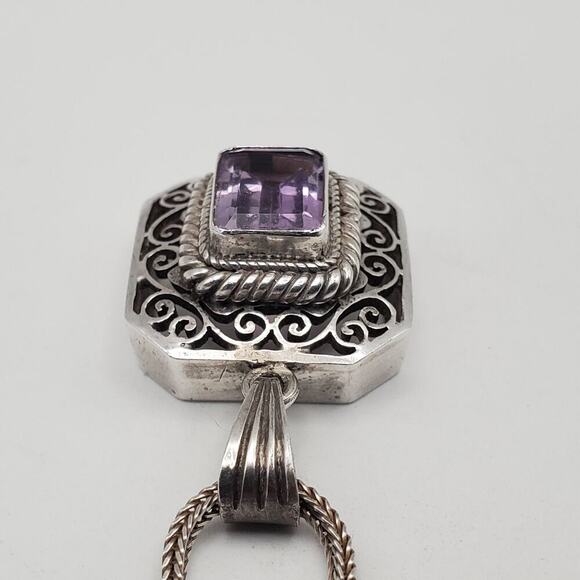 Vintage 925 Sterling Silver Art Deco Filigree Amethyst Gemstone Necklace 24" - Picture 6 of 12